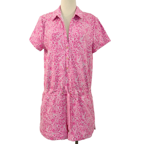 Lilly Pulitzer Pants - Lilly Pulitzer Jorgie Romper Short-Sleeve Pink Shandy Invest A Gator Floral | XS